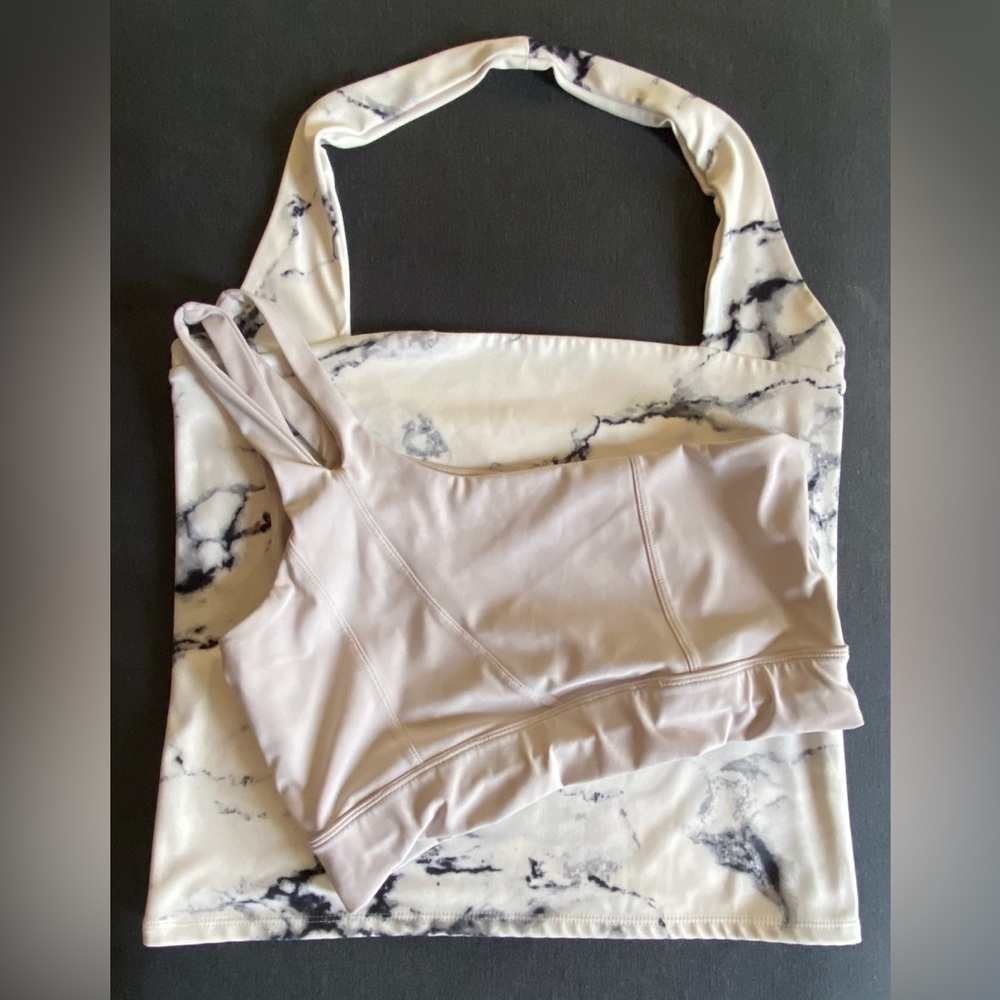 Express Marble Print Body Contour Halter Top & ABOCIW One Shoulder Yoga Bra 2 Pc